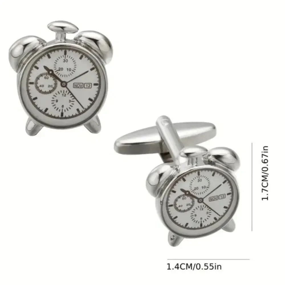 Vintage Alarm Clock Cufflinks Analog Twin Bell Silver Novelty Chronograph Formal